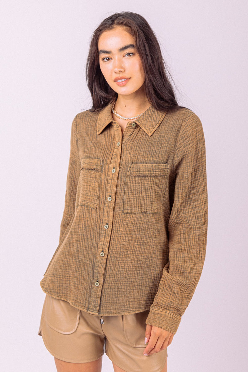 Washed Soft Crinkle Gauze Button Down Shirt Top