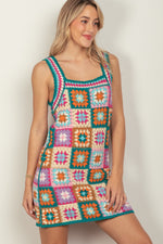 Multi Color Crochet Knit Patchwork Mini Dress