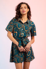 Short Sleeve Marbled Print Belted Shirt Dress
