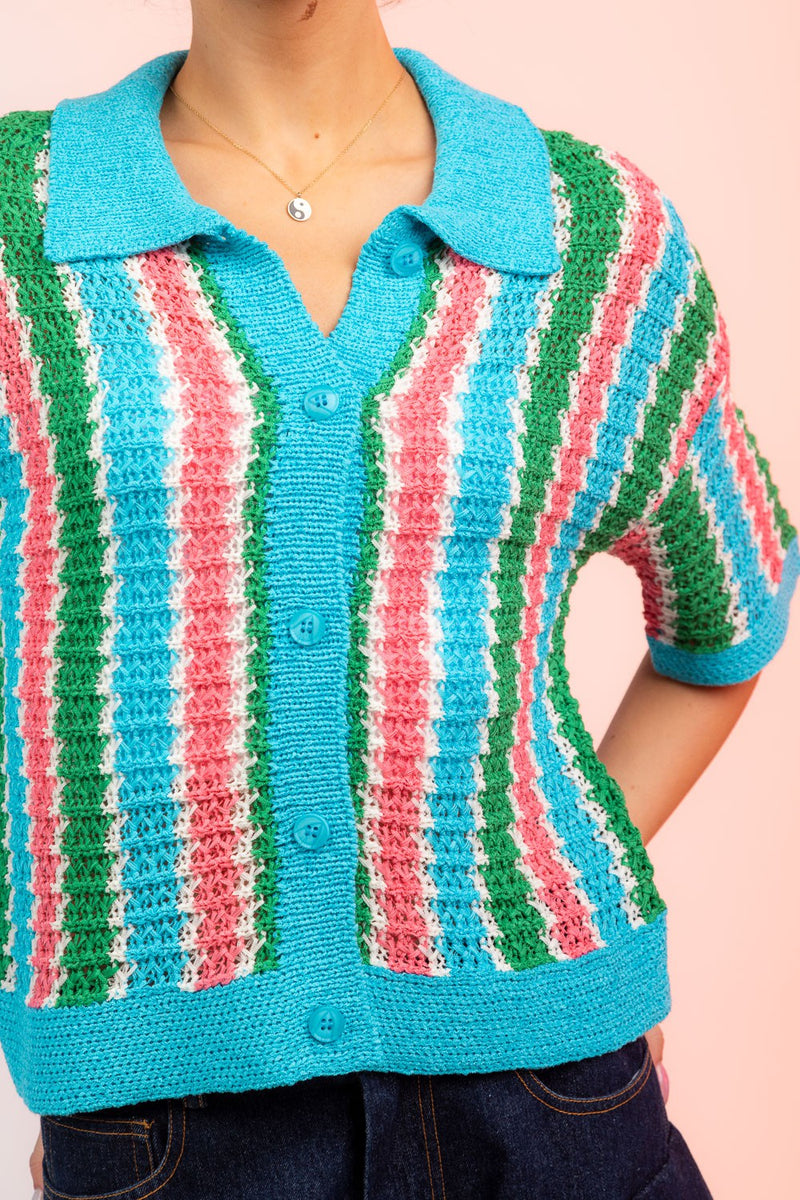 Half Sleeve Multi-Stripe Buttoned Summer Sweater