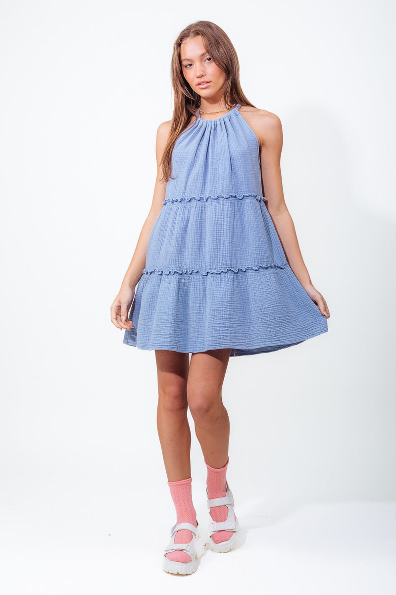 Double Gauze Tiered Halter Washed Mini Dress