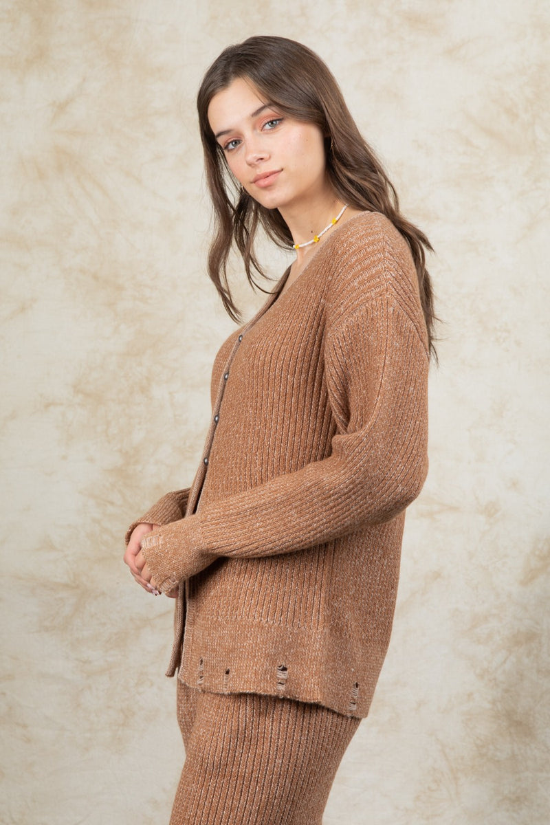 Distressed Detail Front Button Sweater Cardigan