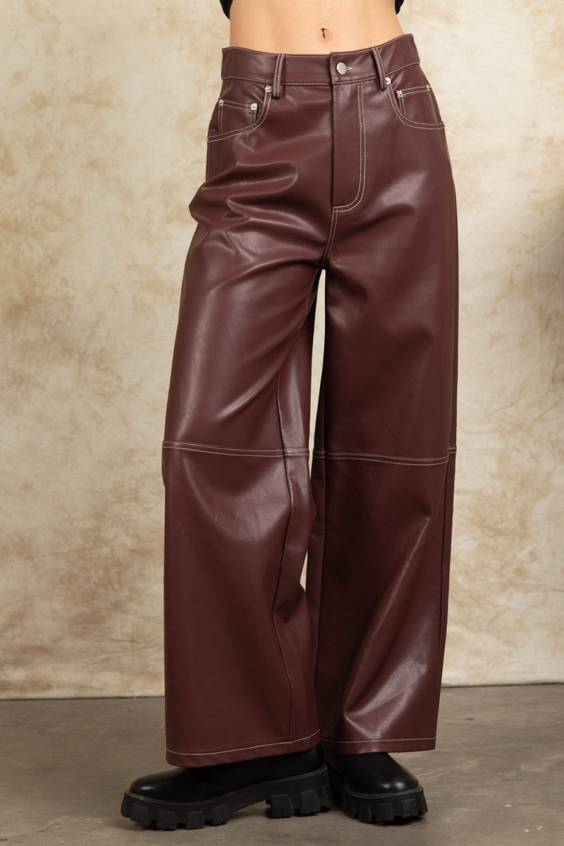 Faux Leather Straight Wide Leg Pants