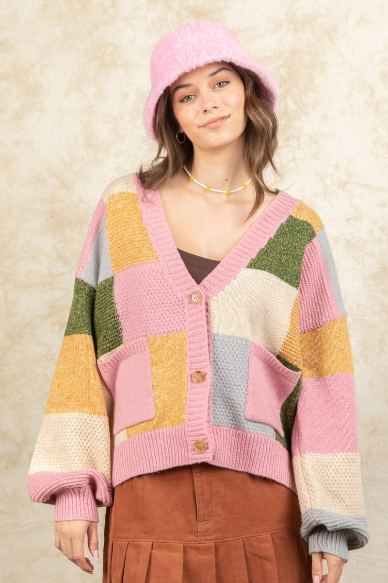 Color Block Button Up Oversized Cozy Cardigan