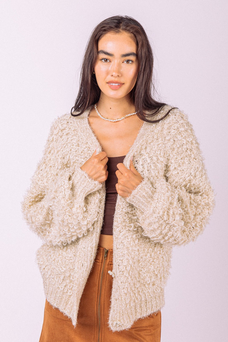 Puff Sleeve Fuzzy Glitter Sweater Knit Cardigan