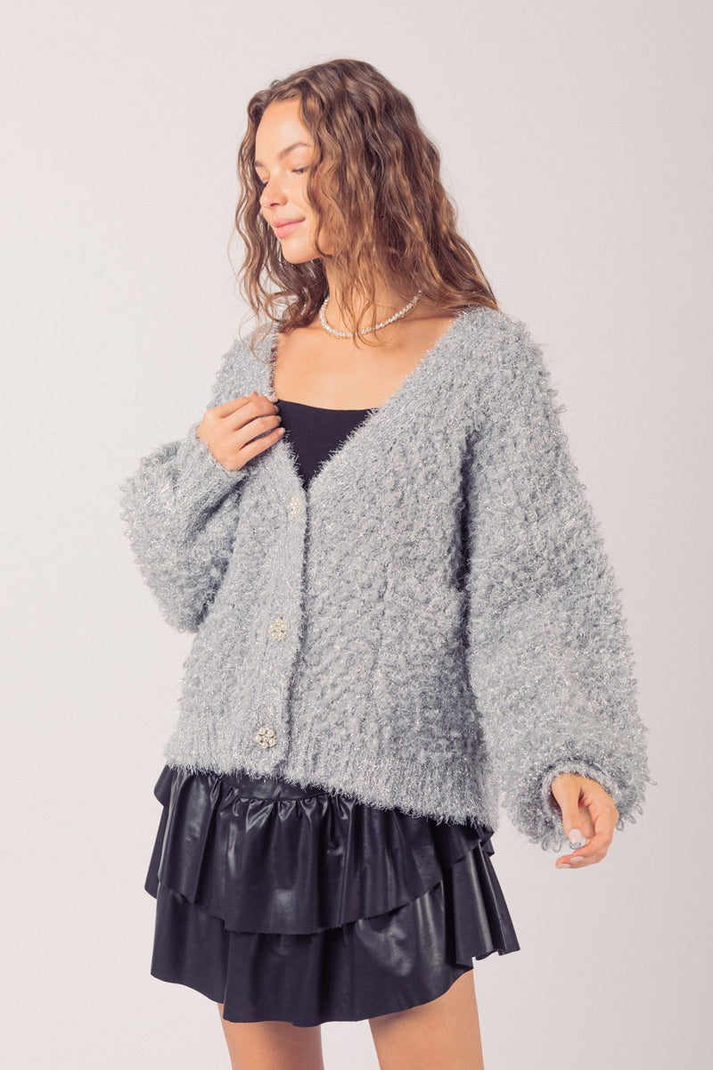 Puff Sleeve Fuzzy Glitter Sweater Knit Cardigan