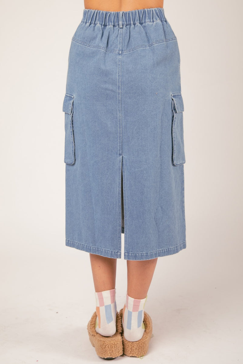 Cotton Twill Cargo Denim Midi Skirt