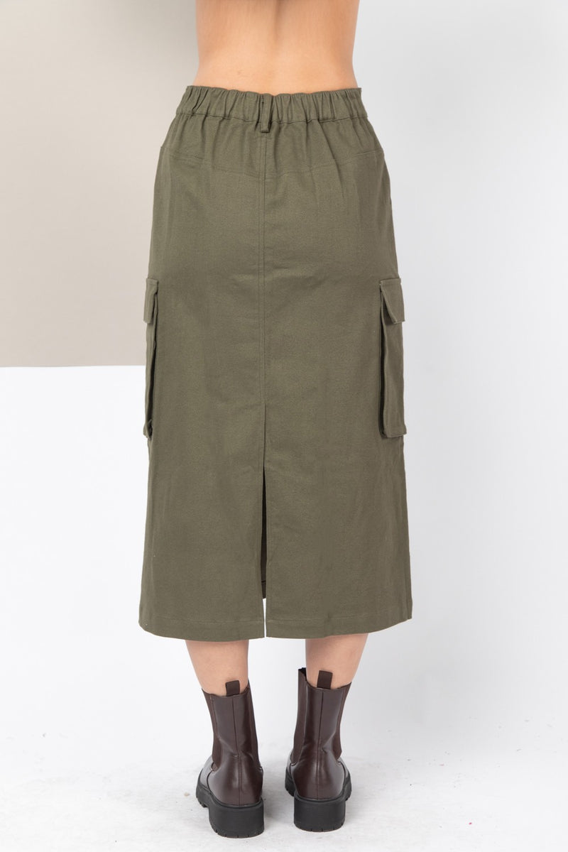 Cotton Twill Cargo Denim Midi Skirt