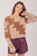 Multi Color Wave Pattern Fuzzy Knit Sweater Top