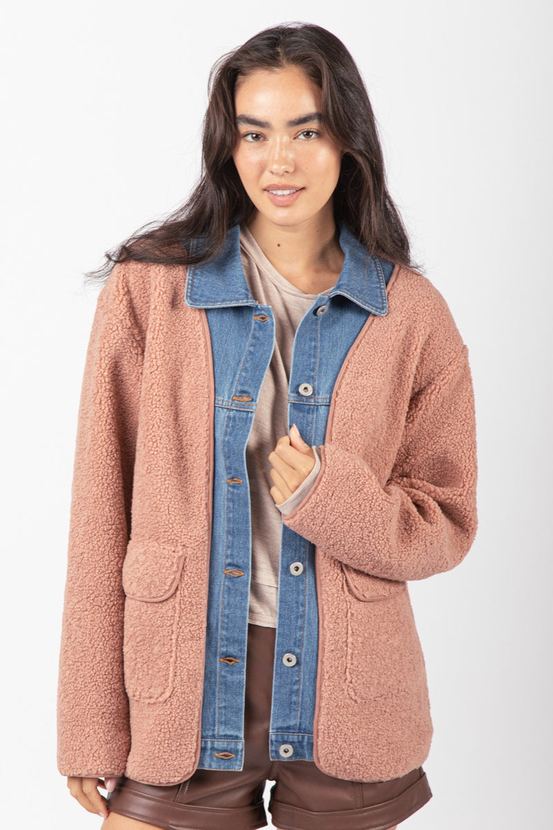 Soft Fleece and Denim Contrast Shacket Jacket