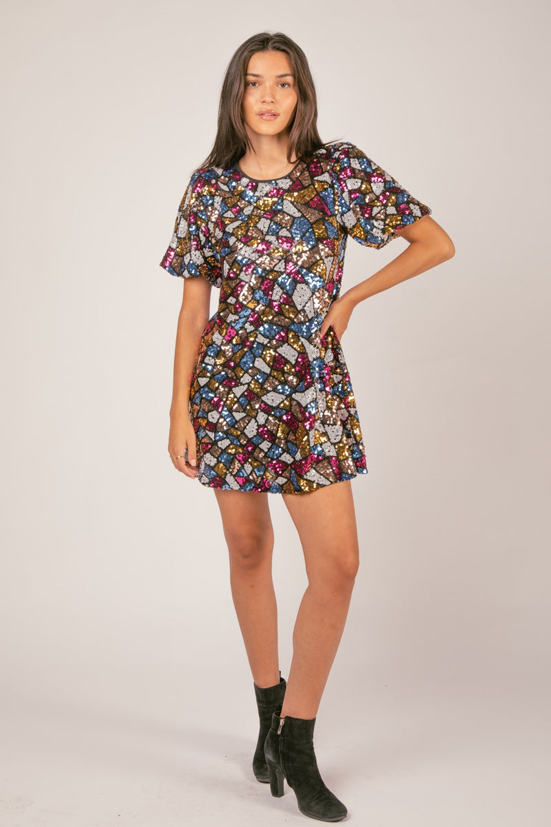 Puff Sleeve Multi-color Sequin Holiday Mini Dress