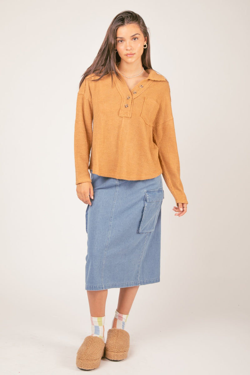 Textured Knit Collared Oversized Top