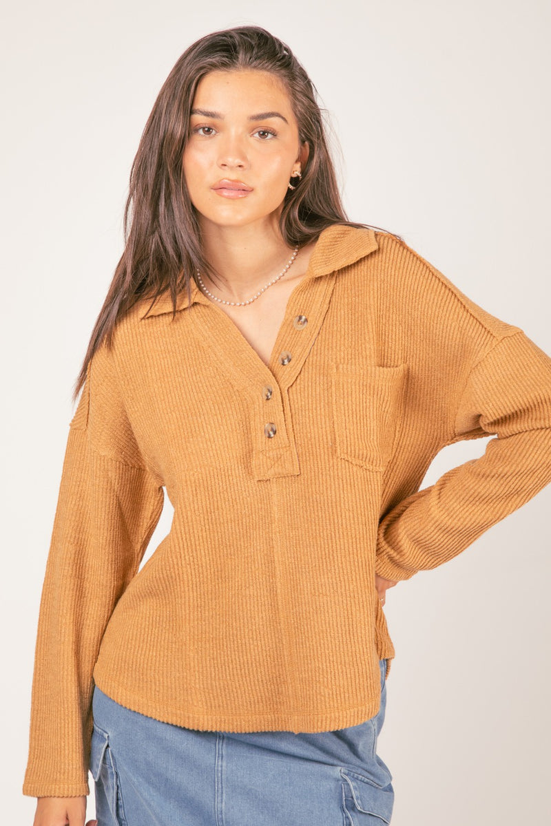 Textured Knit Collared Oversized Top