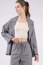 Oversized Frayed Hem Detailed Linen Stripe Jacket