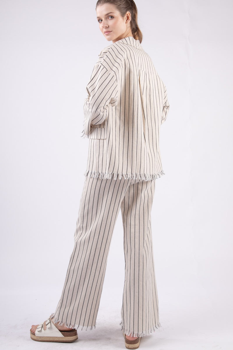 Oversized Frayed Hem Detailed Linen Stripe Jacket