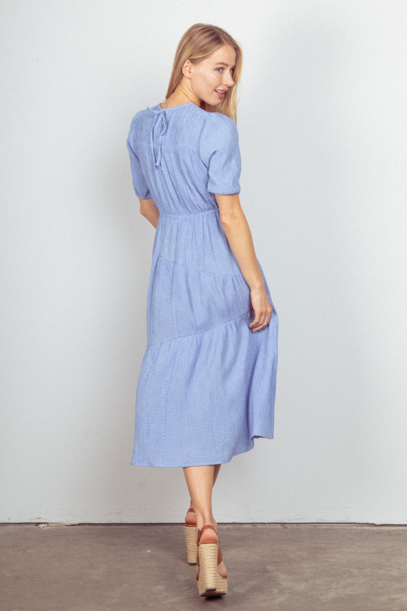 Puff Sleeve Textured Woven Midi Dress