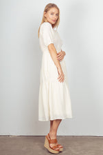 Puff Sleeve Textured Woven Midi Dress