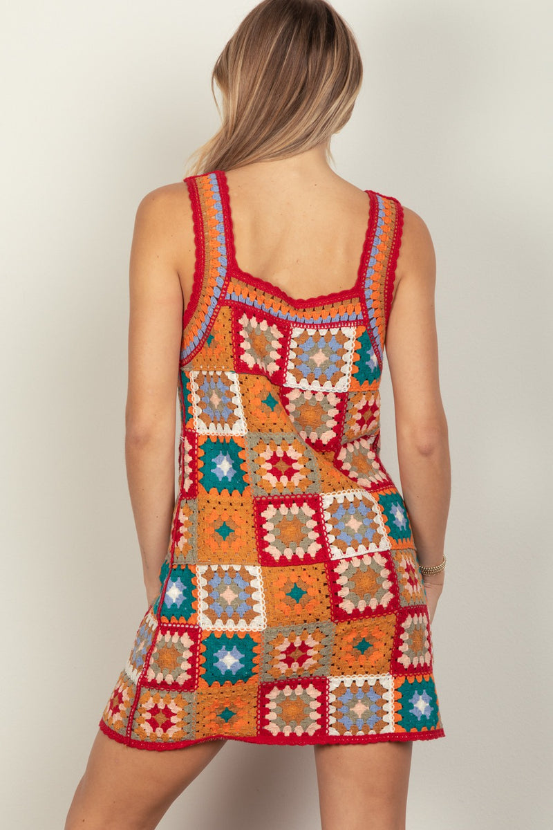 Multi Color Crochet Knit Patchwork Mini Dress