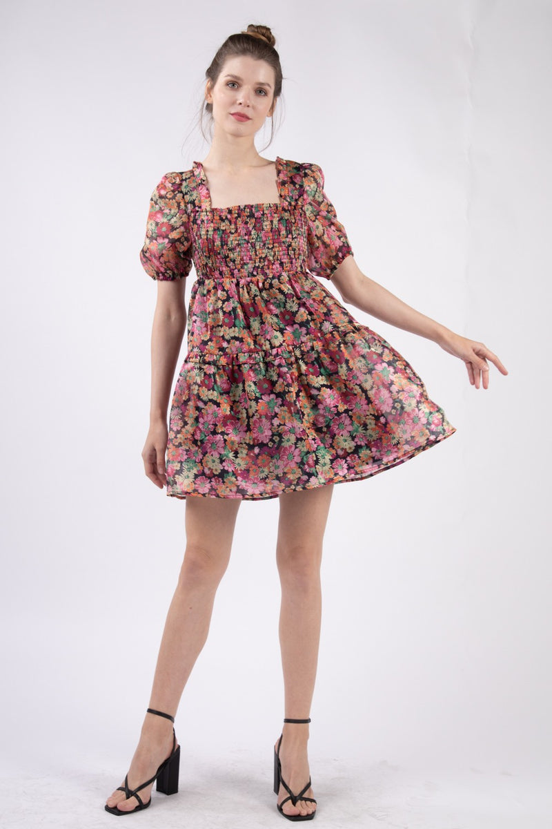 Floral Organza Sheer Fabric Babydoll Mini Dress