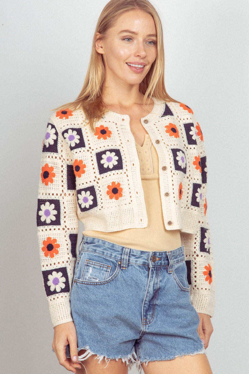 Multi-Color Floral Crochet Cropped Knit Cardigan