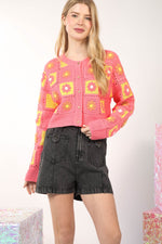 Multi-Color Floral Crochet Cropped Knit Cardigan