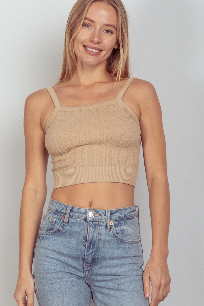 Cable Ribbed Fitted Crop Tank Top