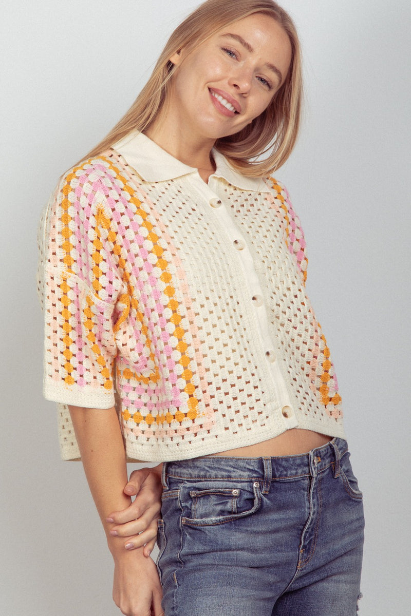Relaxed Fit Multi Color Crochet Knit Top