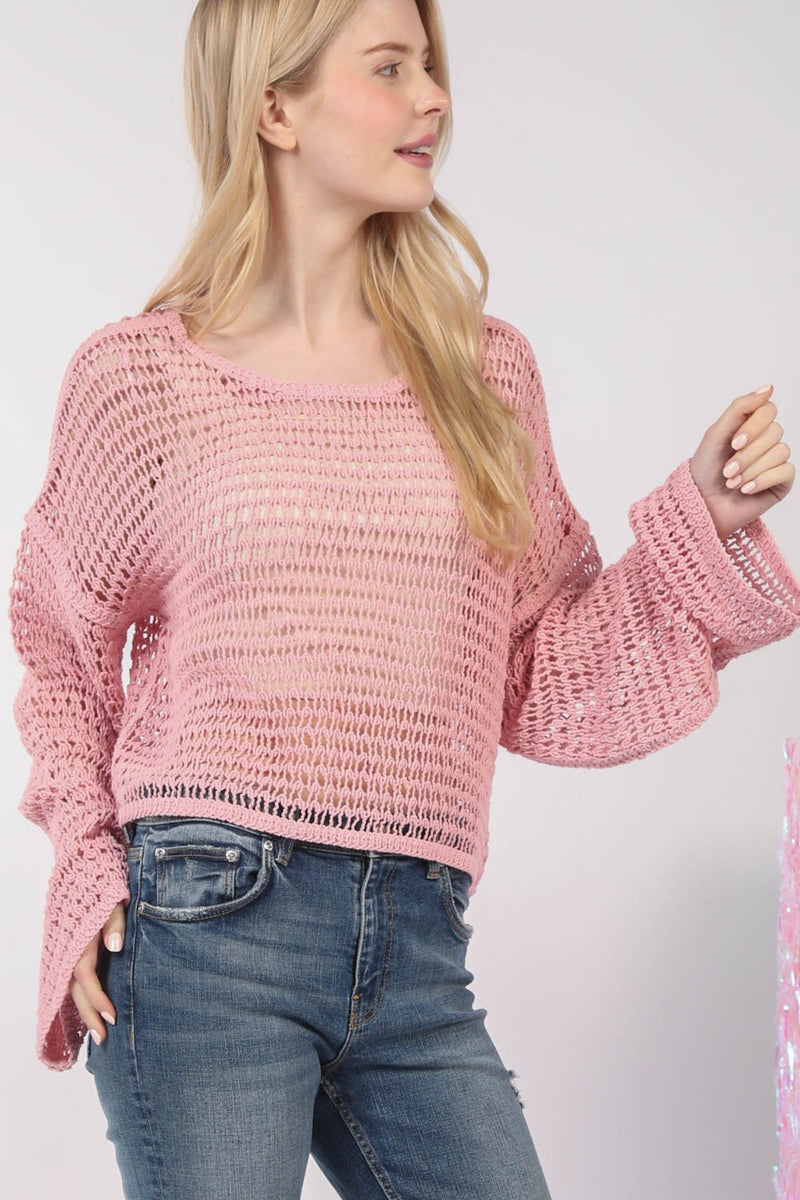 Oversized Crop Length Crochet Knit Top