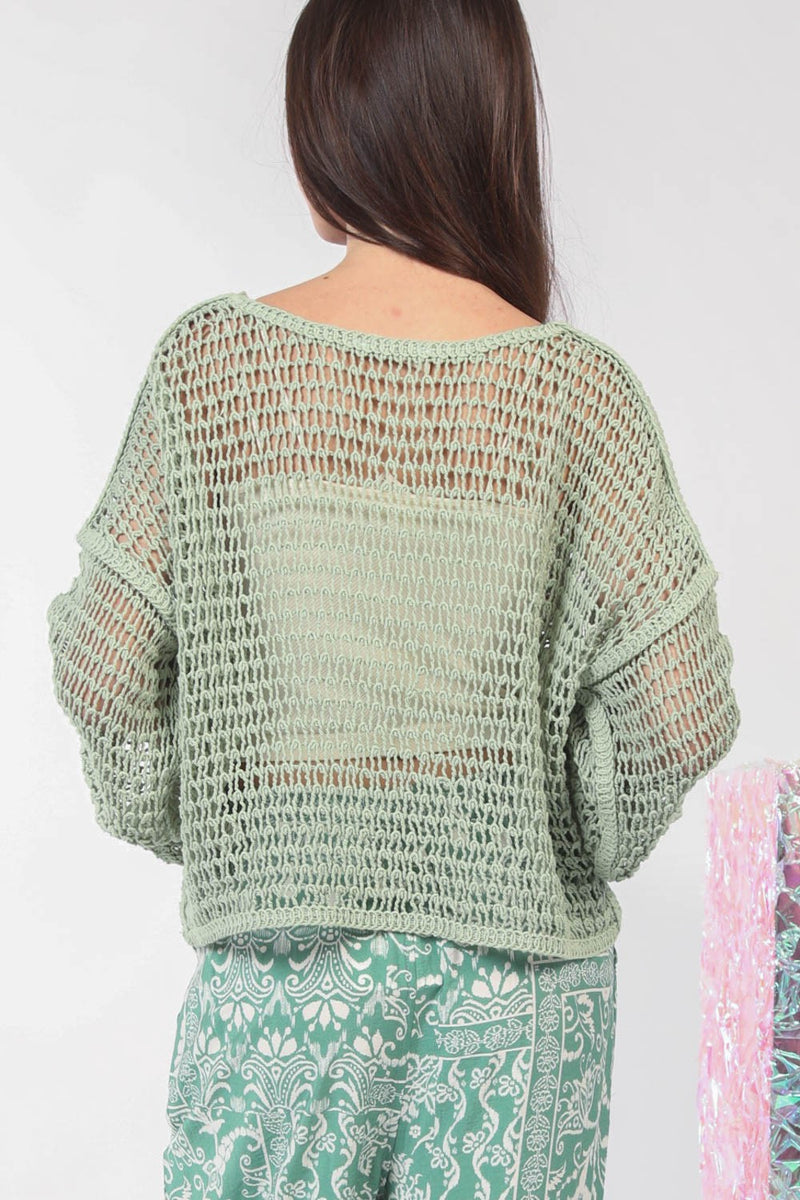 Oversized Crop Length Crochet Knit Top