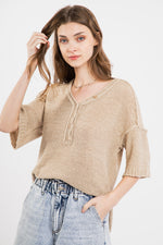 V-neck short sleeve solid knit top