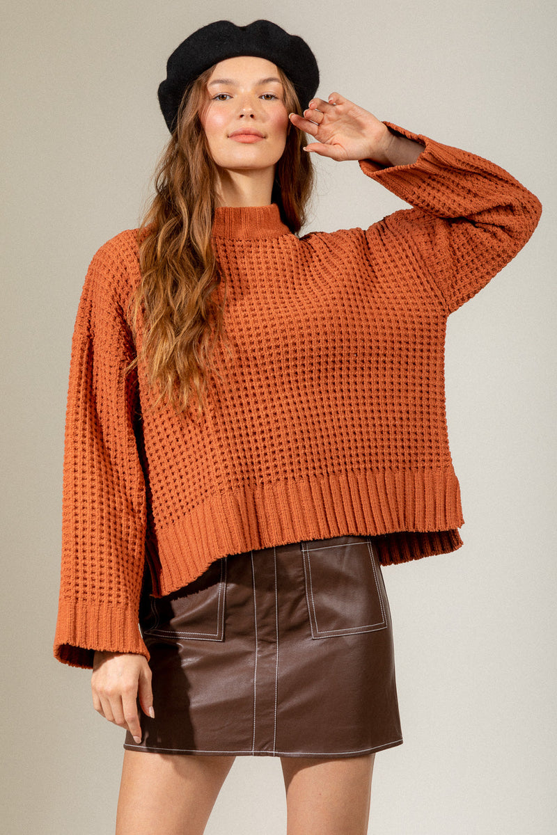 Casual oversized solid waffle shaped pullover sweater