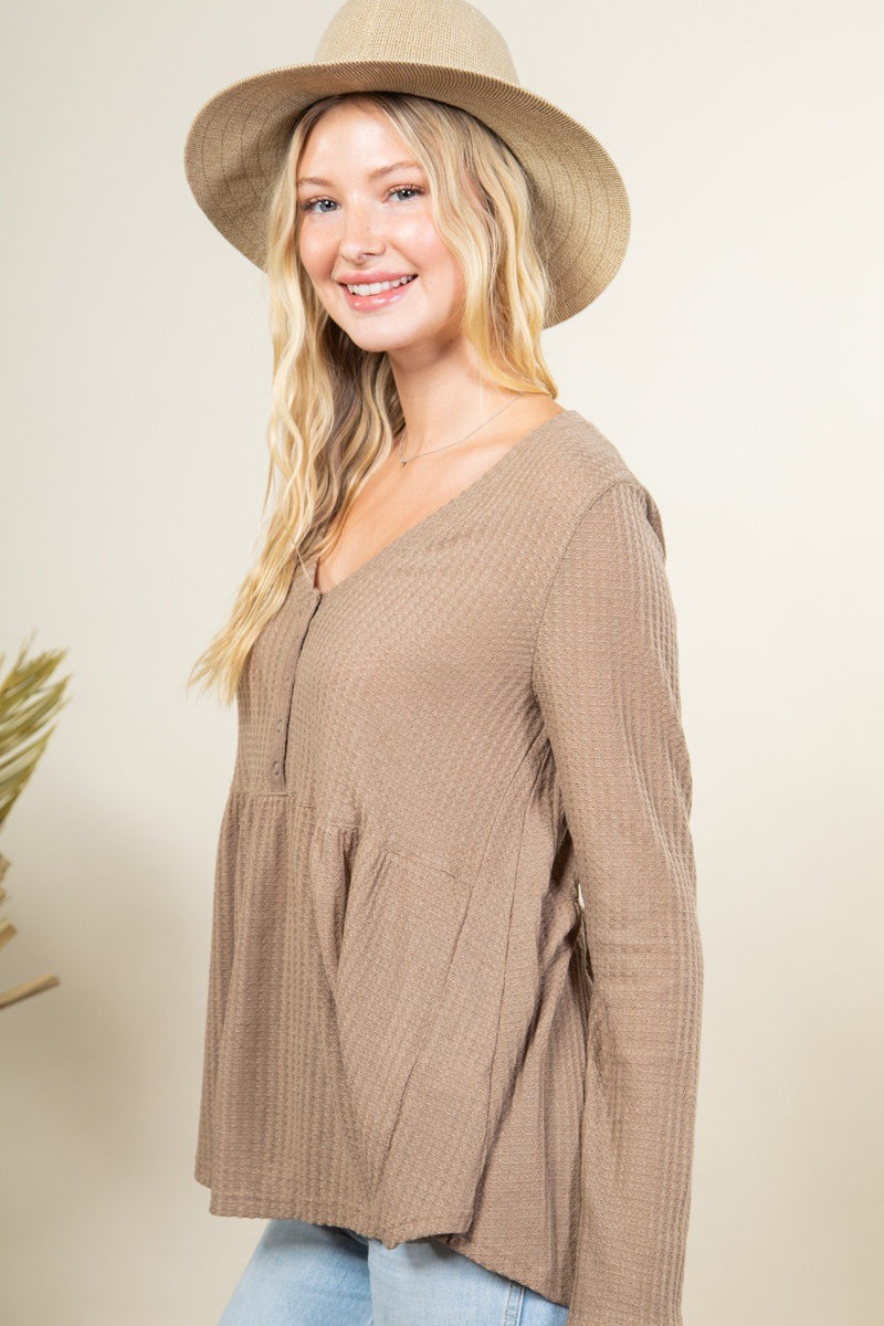 Solid waffle knit soft comfy top