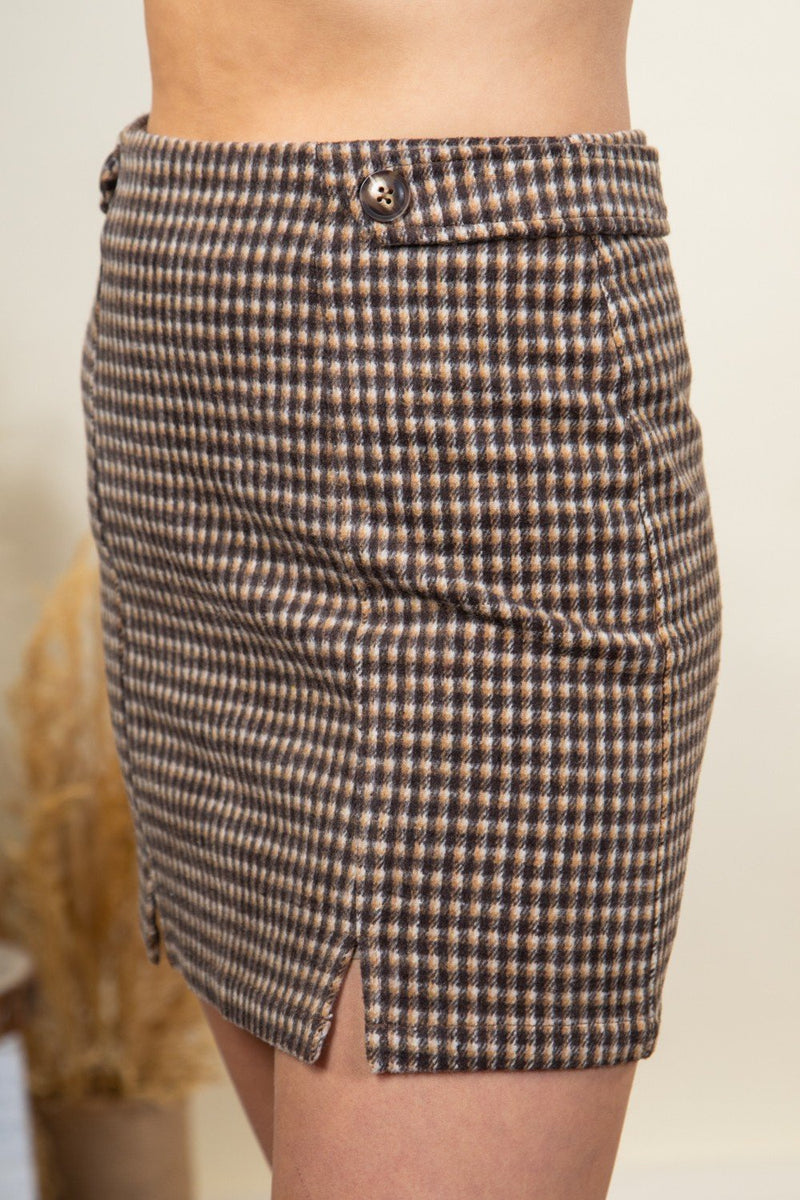 Check pattern front slit mini skirt