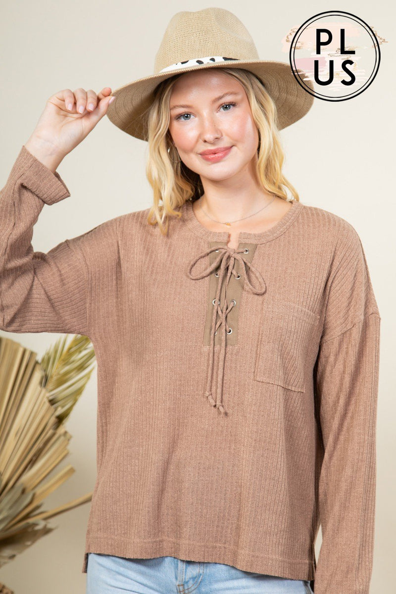PLUS SIZE Front lace up soft rib knit comfy top