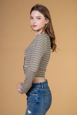 Multi color stripe printed rib knit crop top
