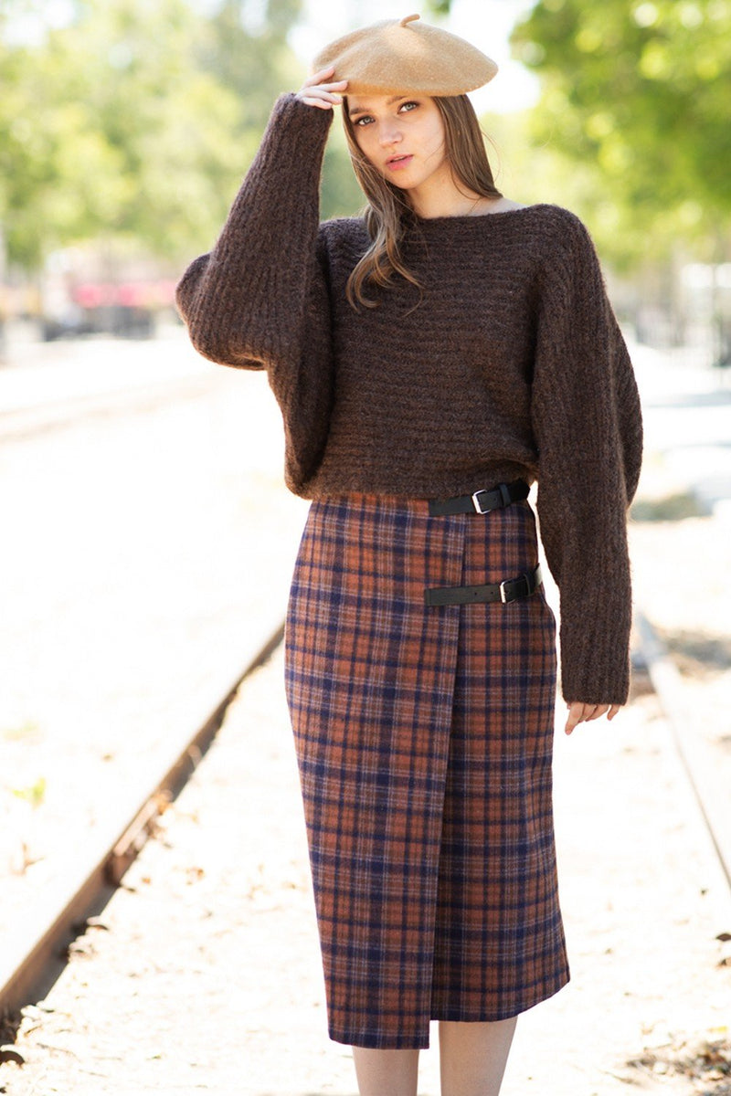 Plaid pattern wool wrap midi skirt