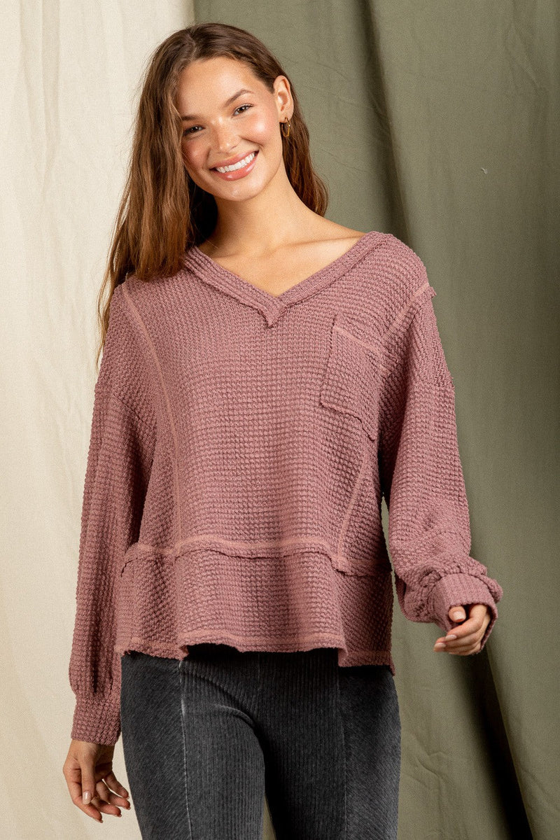 V-neck casual waffle knit top