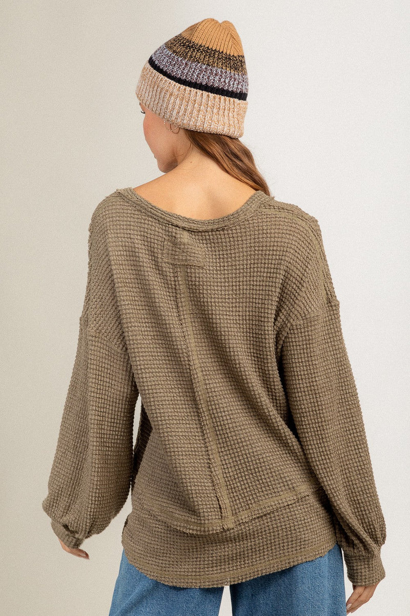 V-neck casual waffle knit top
