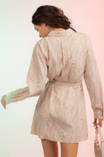 Long Sleeve Marbled Print Belted Shirt Dress