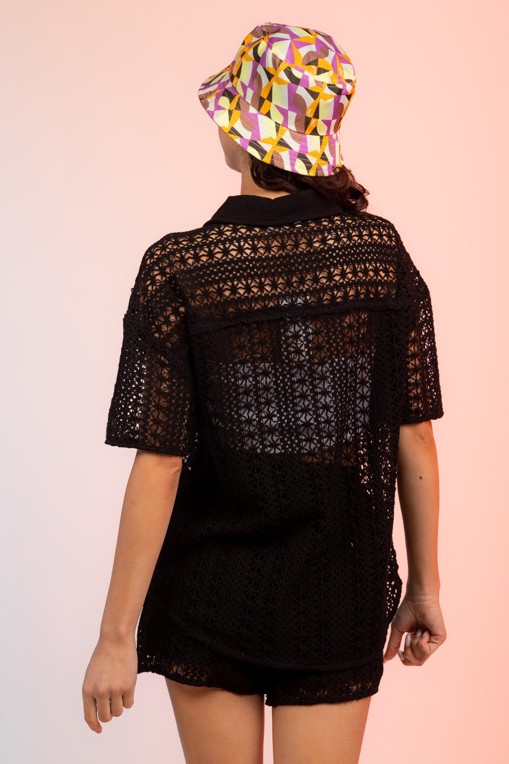 Badeth Two Piece Set - Crochet Knit Button Through Short Sleeve Shirt and  Shorts Set in Black