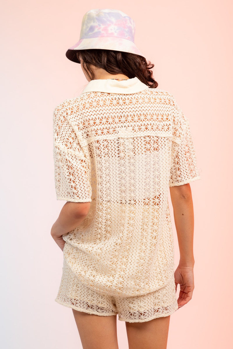 2-Piece Set: Crochet Short Sleeve Shirt & Mini Shorts