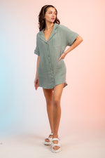 Half Sleeve Cutout Back Mini Shirt Dress w/ Pockets
