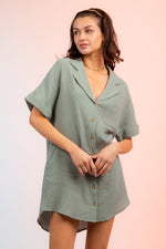 Half Sleeve Cutout Back Mini Shirt Dress w/ Pockets