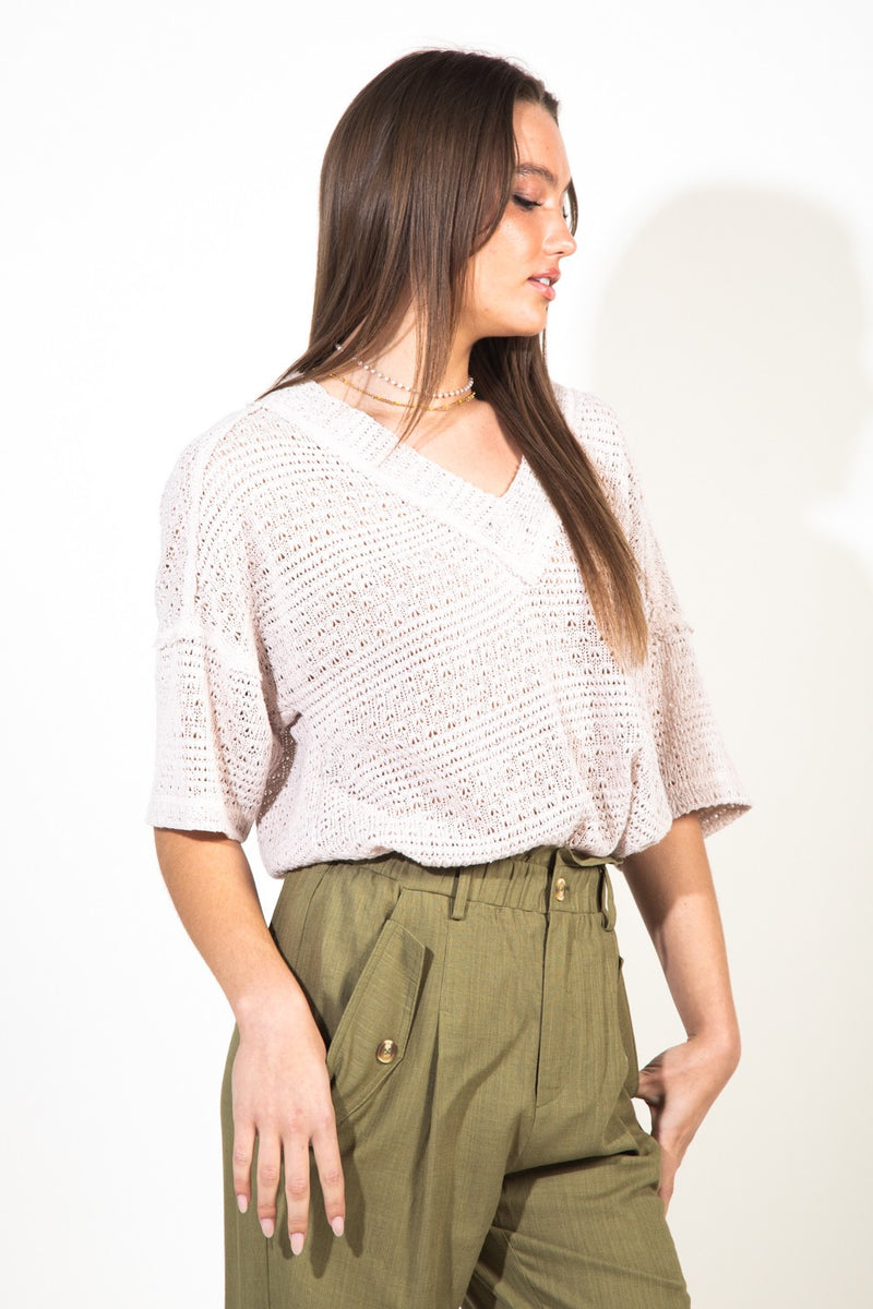 Raw edge detailed solid waffle knit top