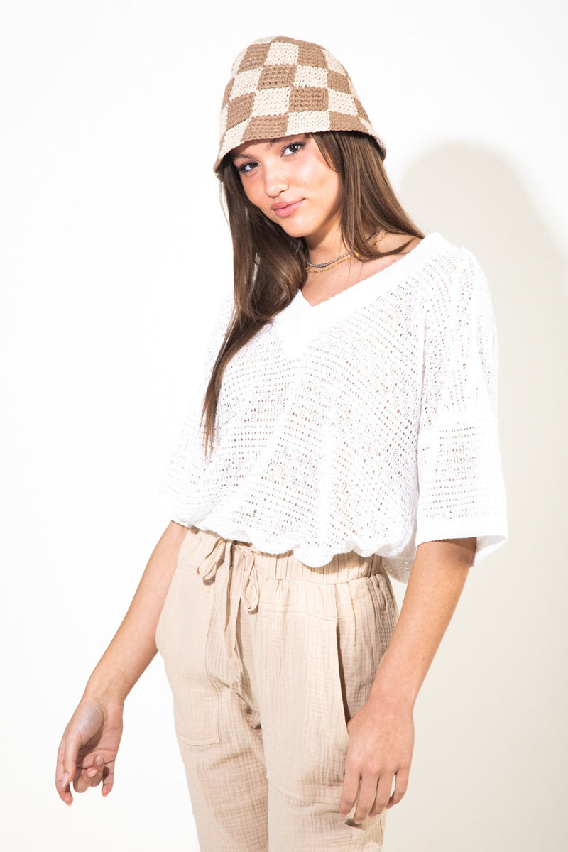 Raw edge detailed solid waffle knit top