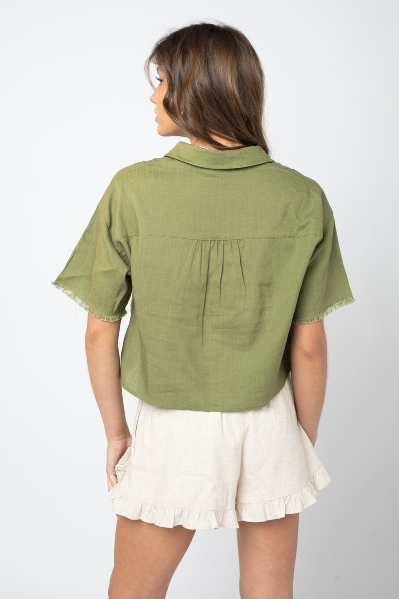 Fringe detailed linen crop shirt