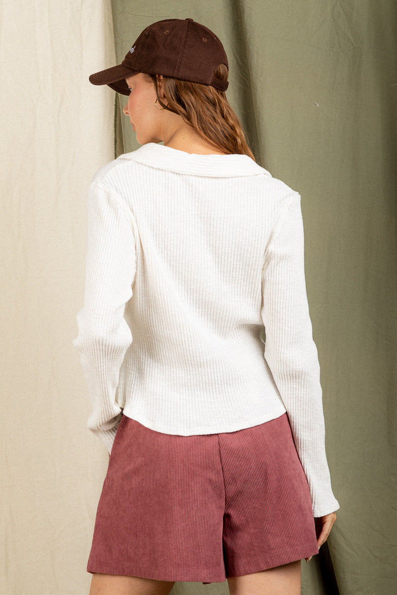 Collared ribbed V-neck knit top
