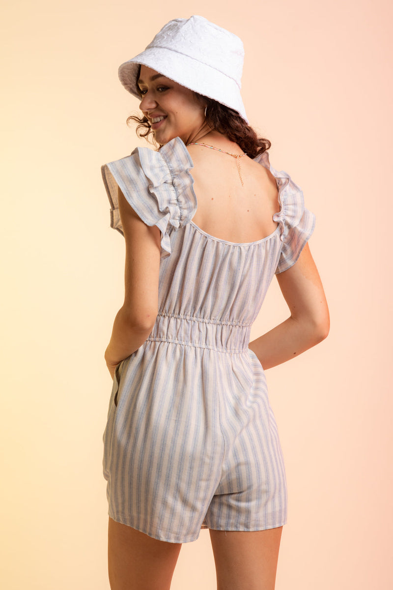 Sleeveless Woven Striped Romper with Pockets