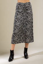Front ruched detail leopard midi skirt