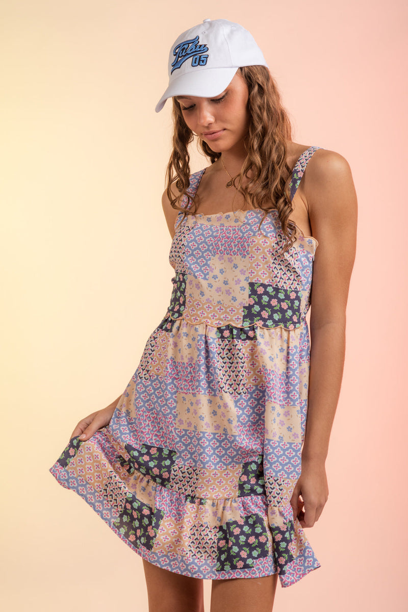 Sleeveless Patchwork Print Scallop Bust Mini Dress